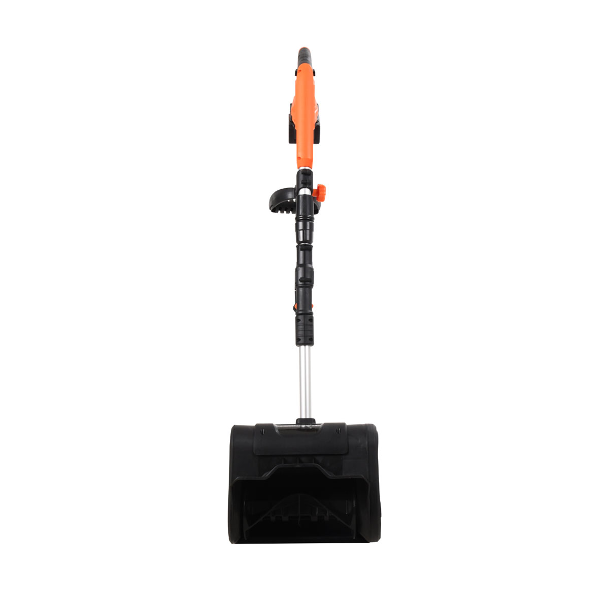 Ein orange-schwarzer Schneeauswurf mit einem Metallgriff und einem schwarzen Behälter.