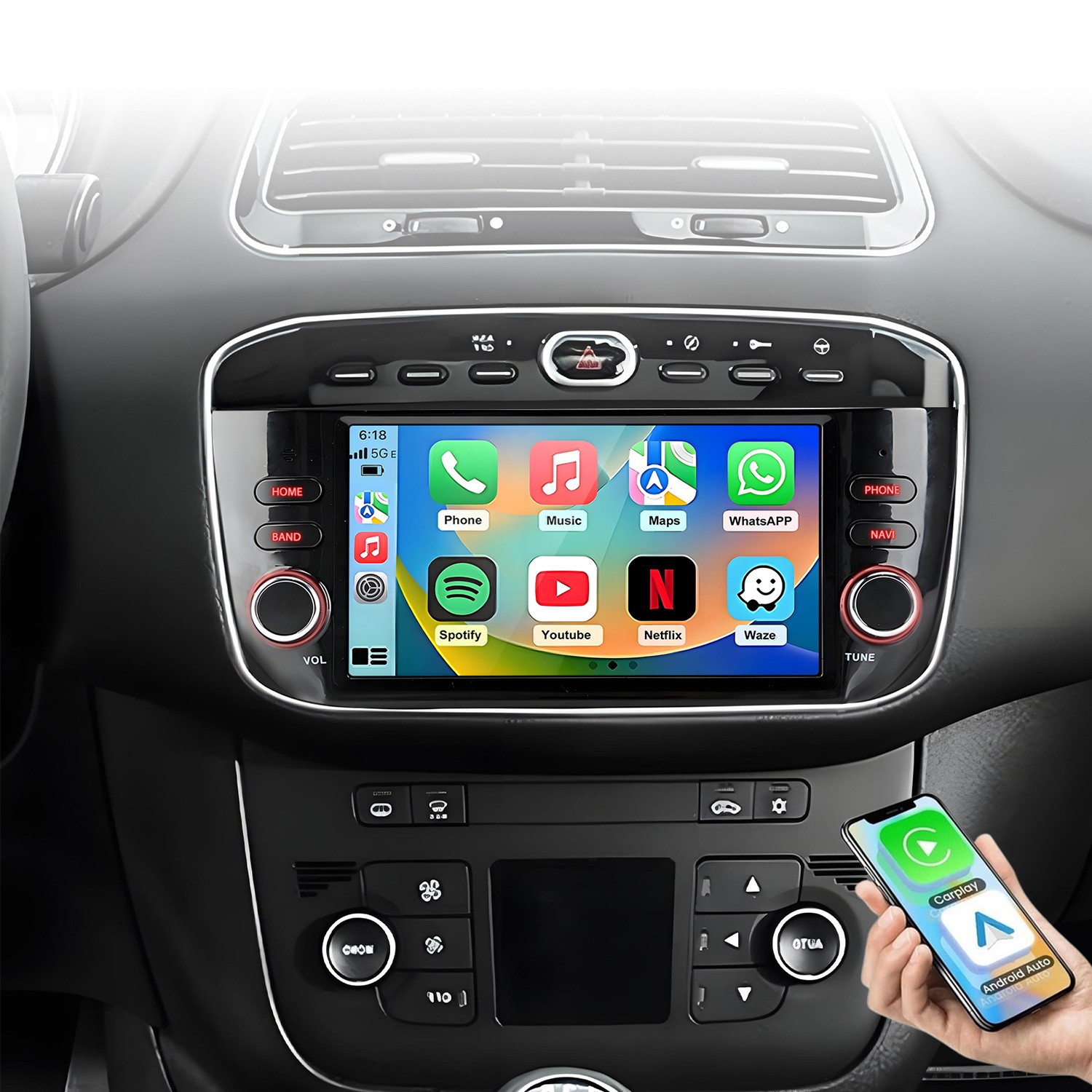 Ein Smartphone verbindet sich mit dem Infotainment-System eines Autos, das Apps zeigt.