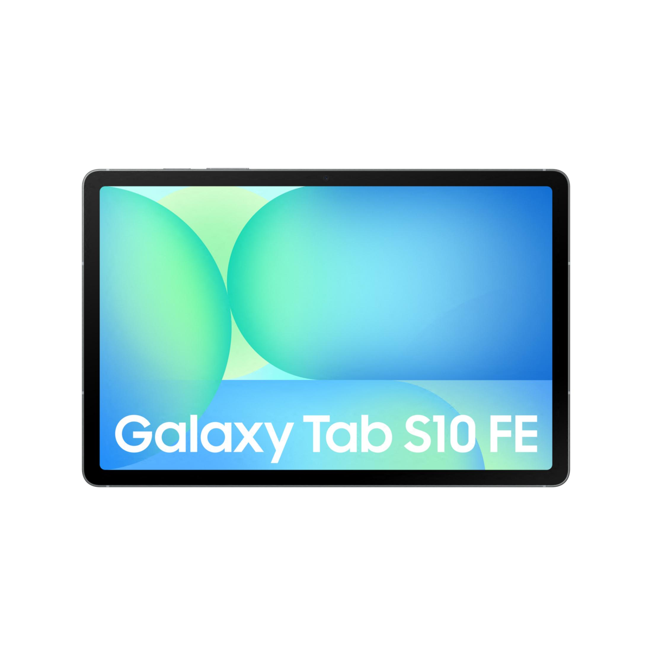 Czarny tablet z napisem "Galaxy Tab S10 FE" na ekranie.