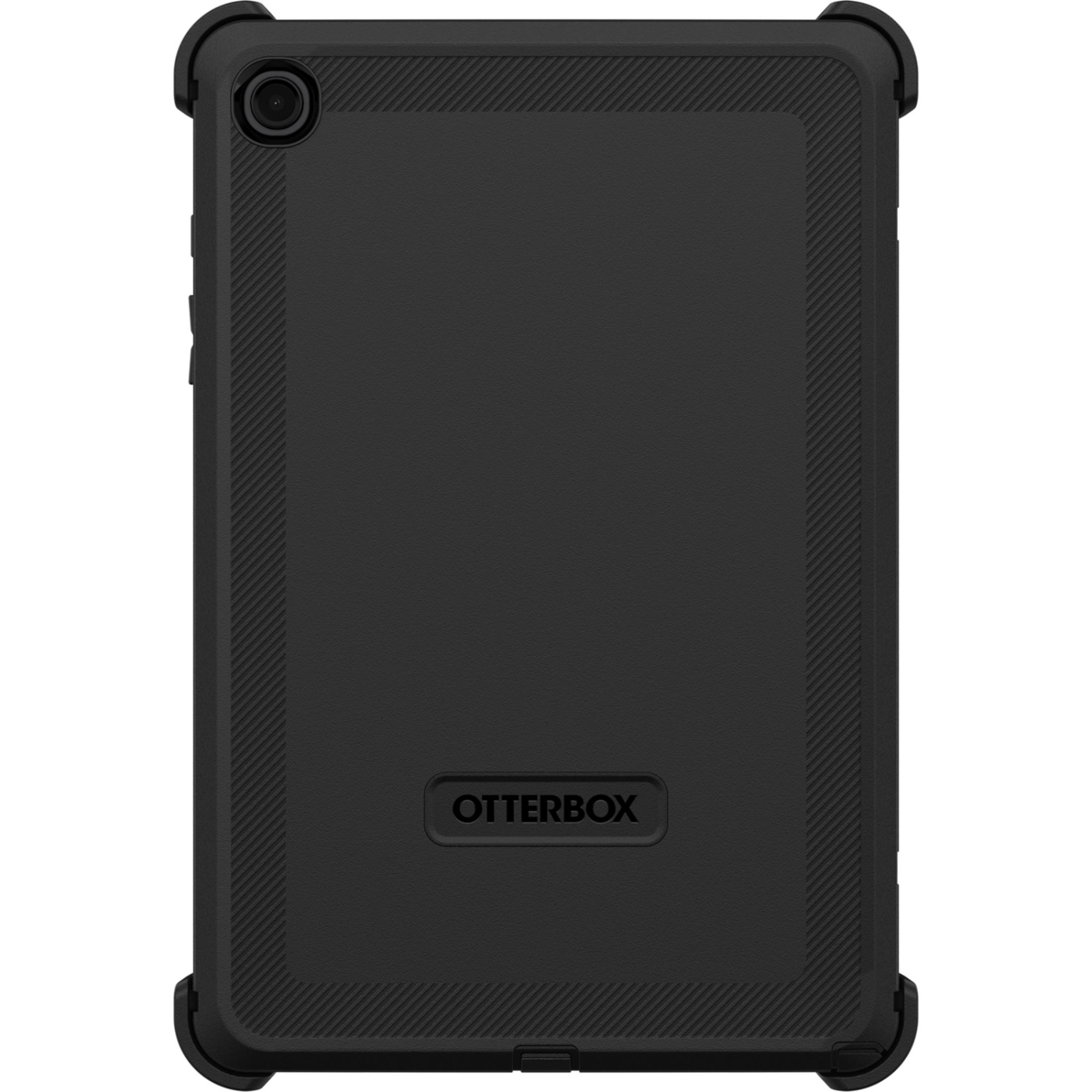 Tablette noire dans un étui Otterbox, appareil photo en haut à gauche, texture côtelée.