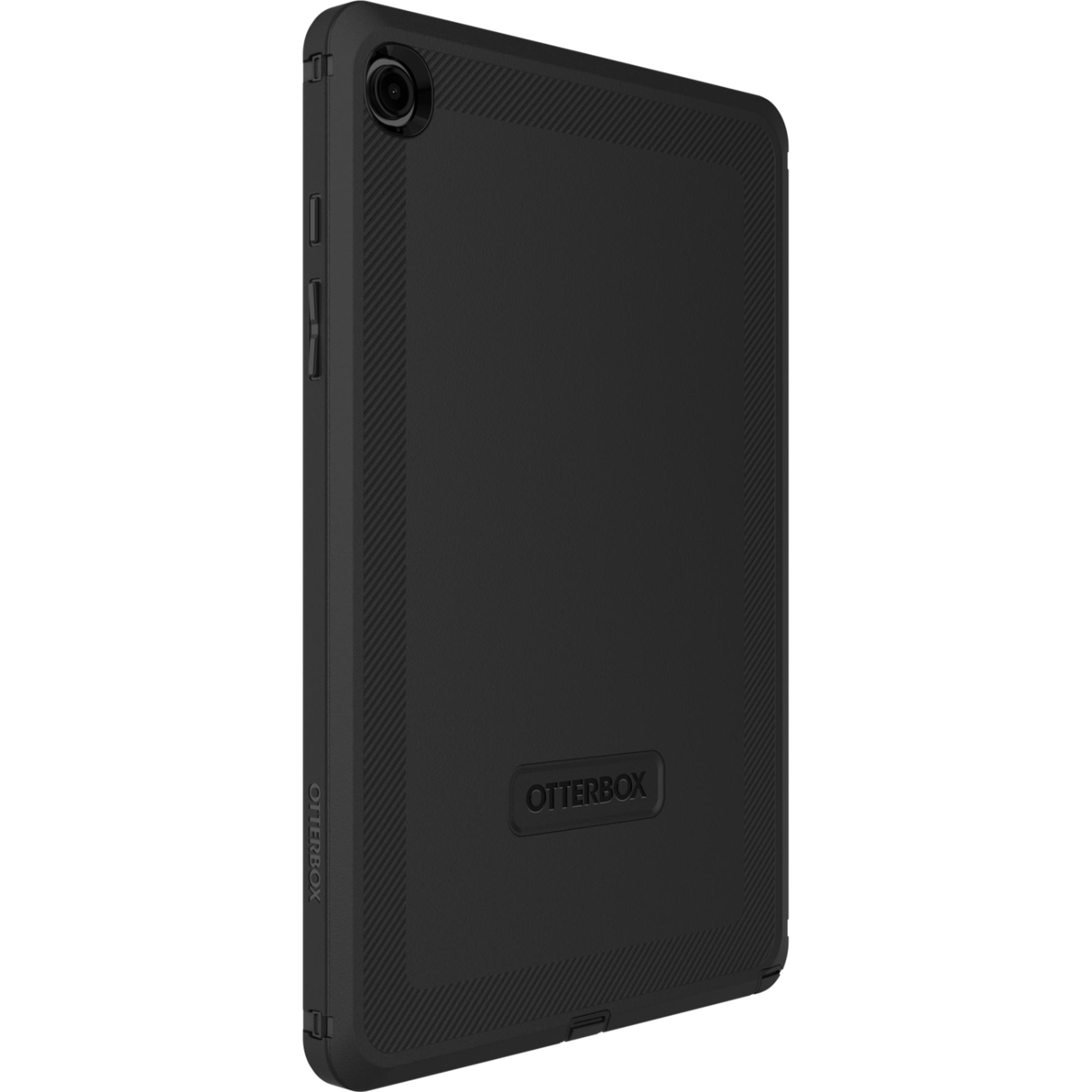 Tablette noire dans un étui Otterbox, avec appareil photo et motif côtelé au dos.