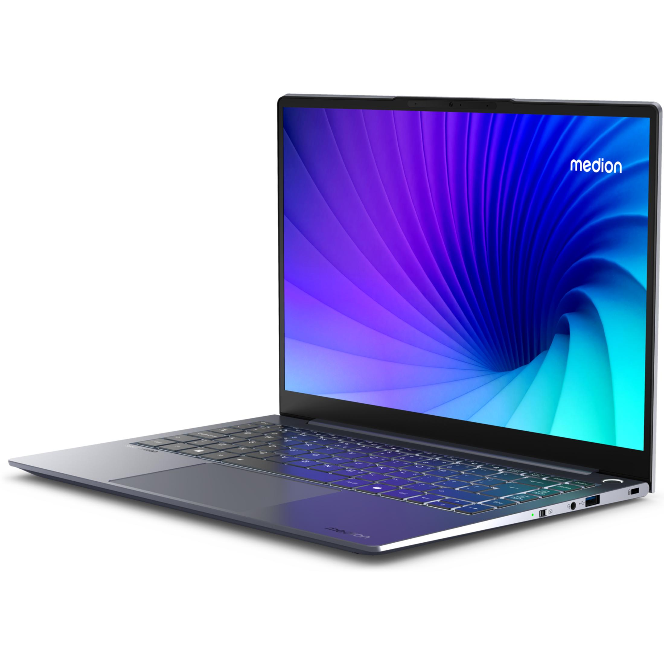 Un ordinateur portable ouvert avec un motif ondulé bleu et violet sur l'écran.