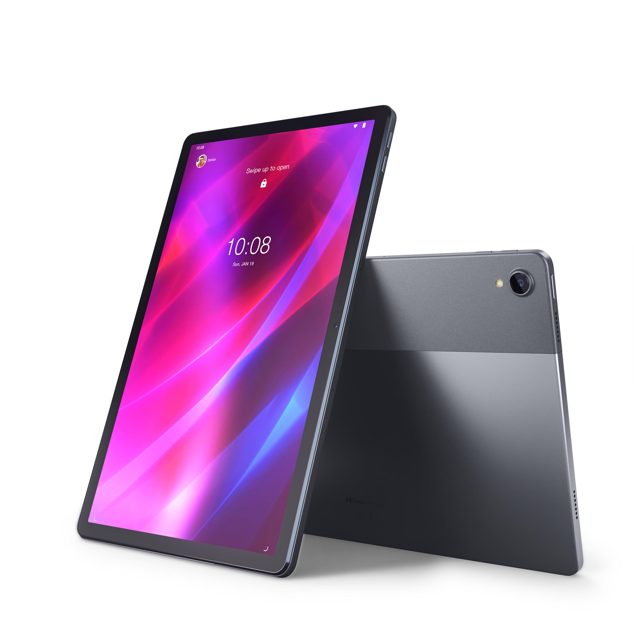 Ein dunkles Tablet mit violettem Hintergrund auf dem Bildschirm.