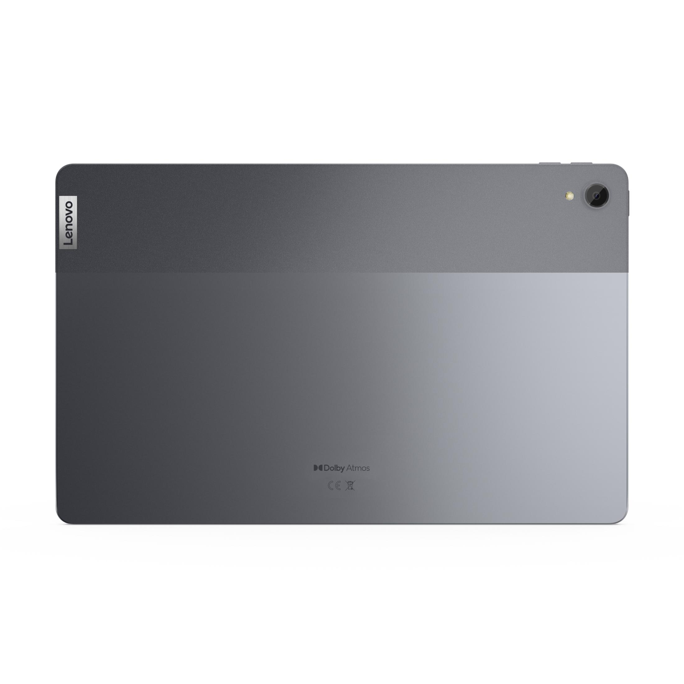 Rückseite eines grauen Lenovo Tablets mit Kamera und Dolby Atmos Logo.