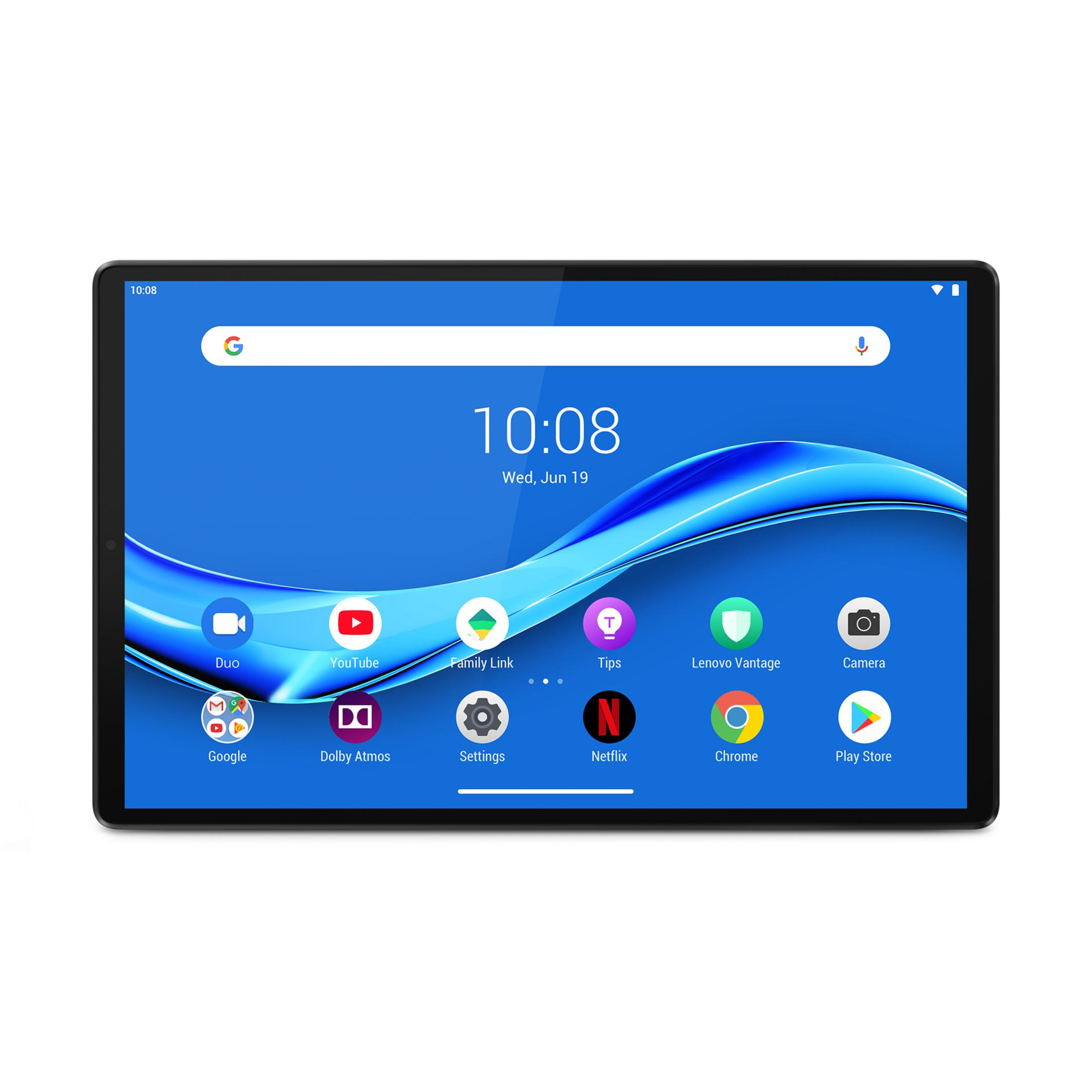 Tablet z niebieskim tłem i ikonami aplikacji. Wyświetla godzinę 10:08.