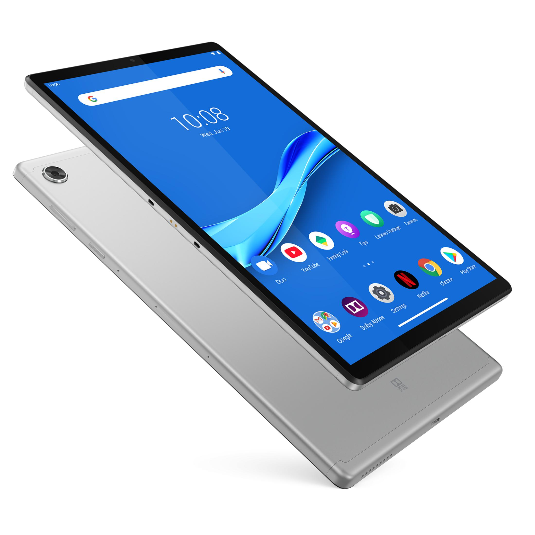 Srebrny tablet z niebieskim ekranem i ikonami aplikacji w pionie.