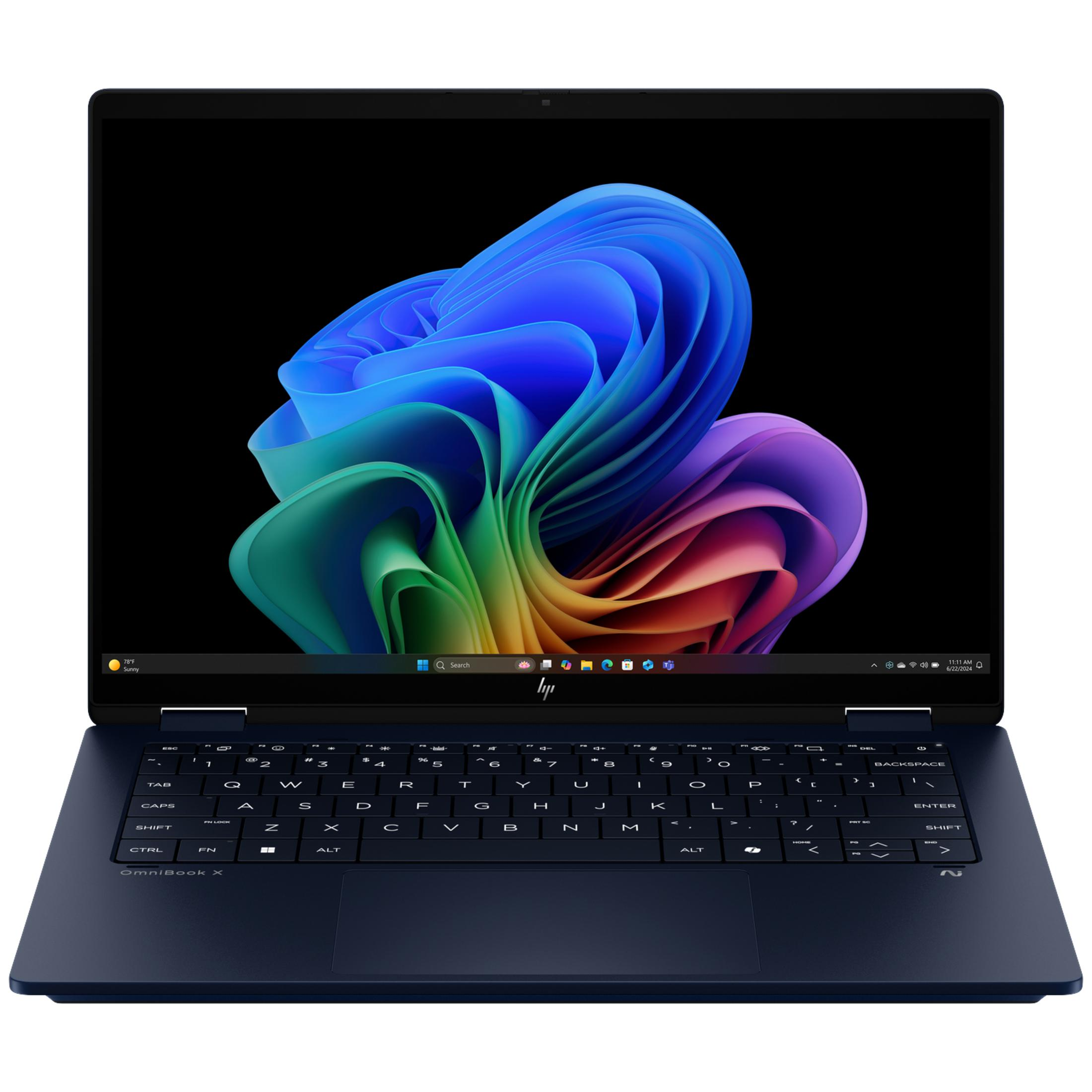 Dark blue laptop with a colorful, abstract wallpaper on its screen.