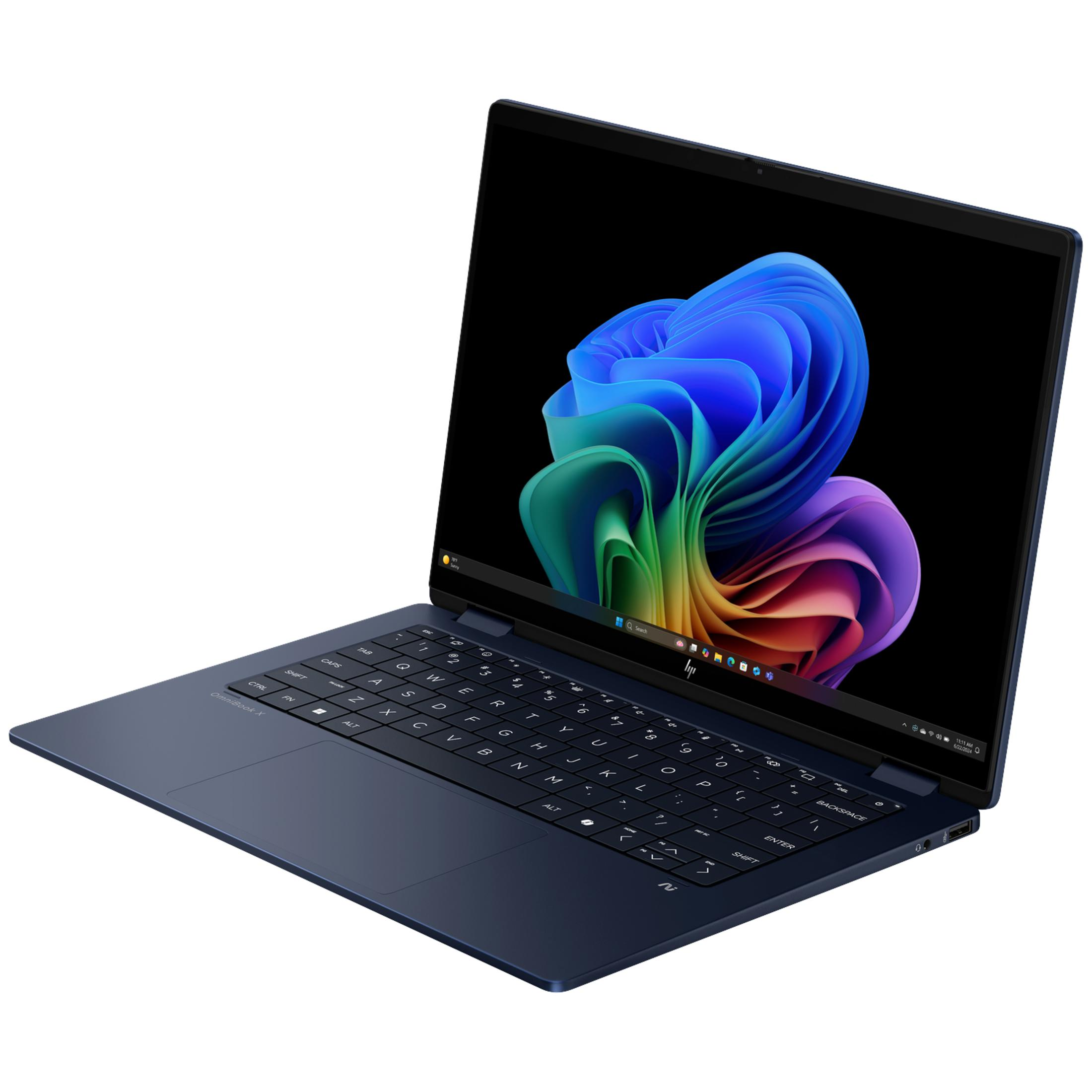 A dark blue HP OmniBook X laptop is open on a white background. The screen displays a colorful abstract wallpaper.