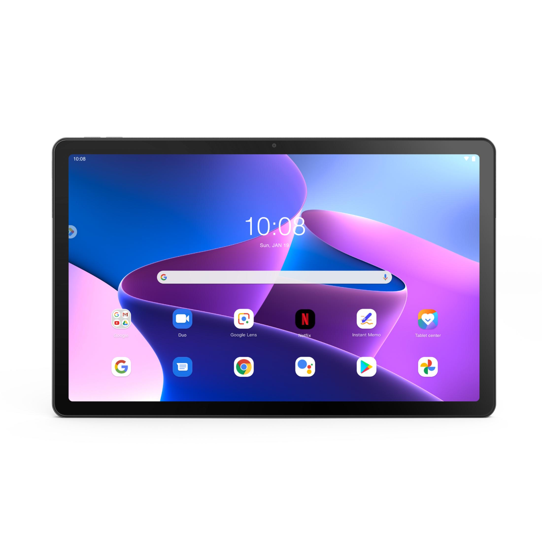 Tablet wyświetla godzinę 10:08 na niebiesko-fioletowym tle z ikonami aplikacji.