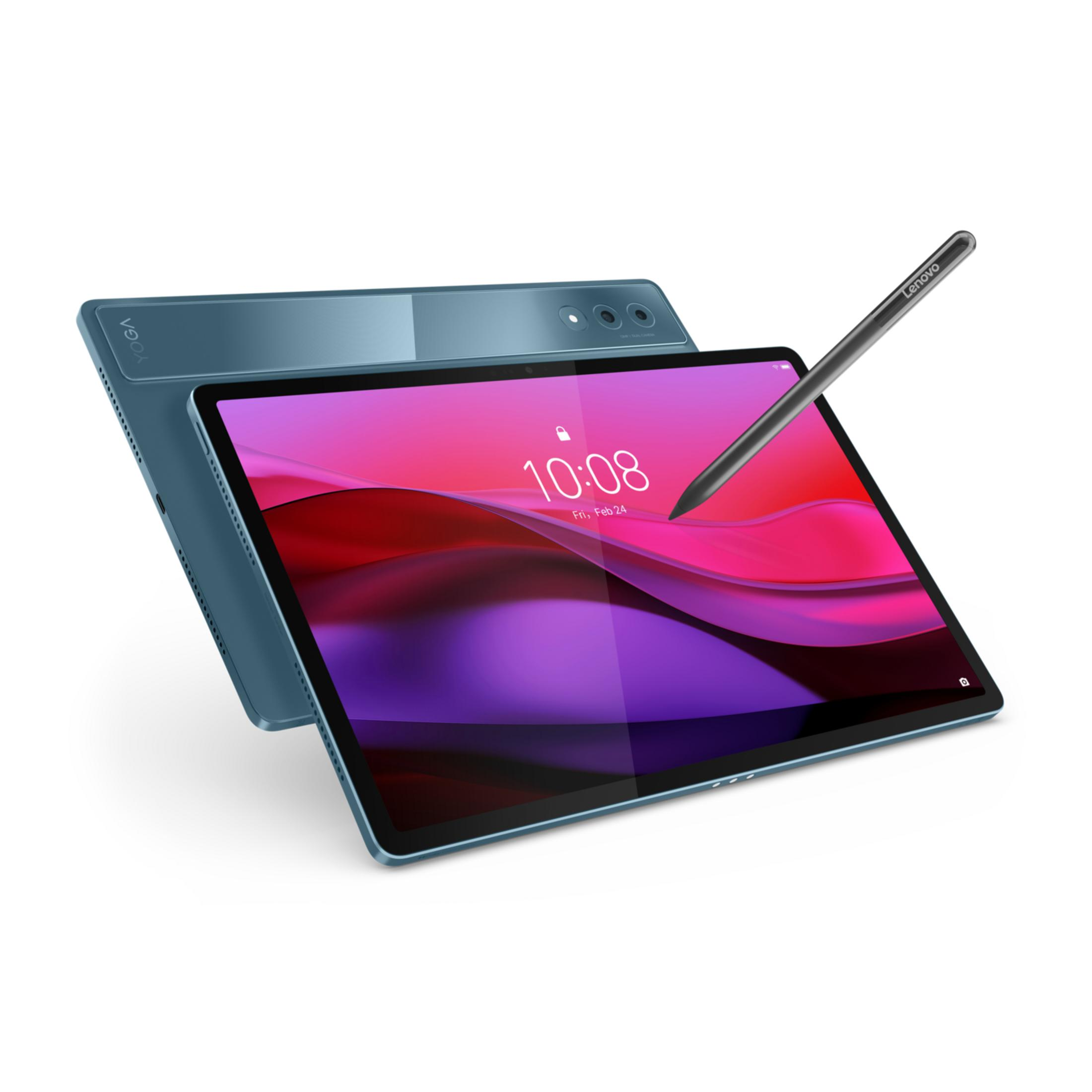 Blaues Tablet mit Stift auf dem Bildschirm, der die Uhrzeit 10:08 anzeigt.
