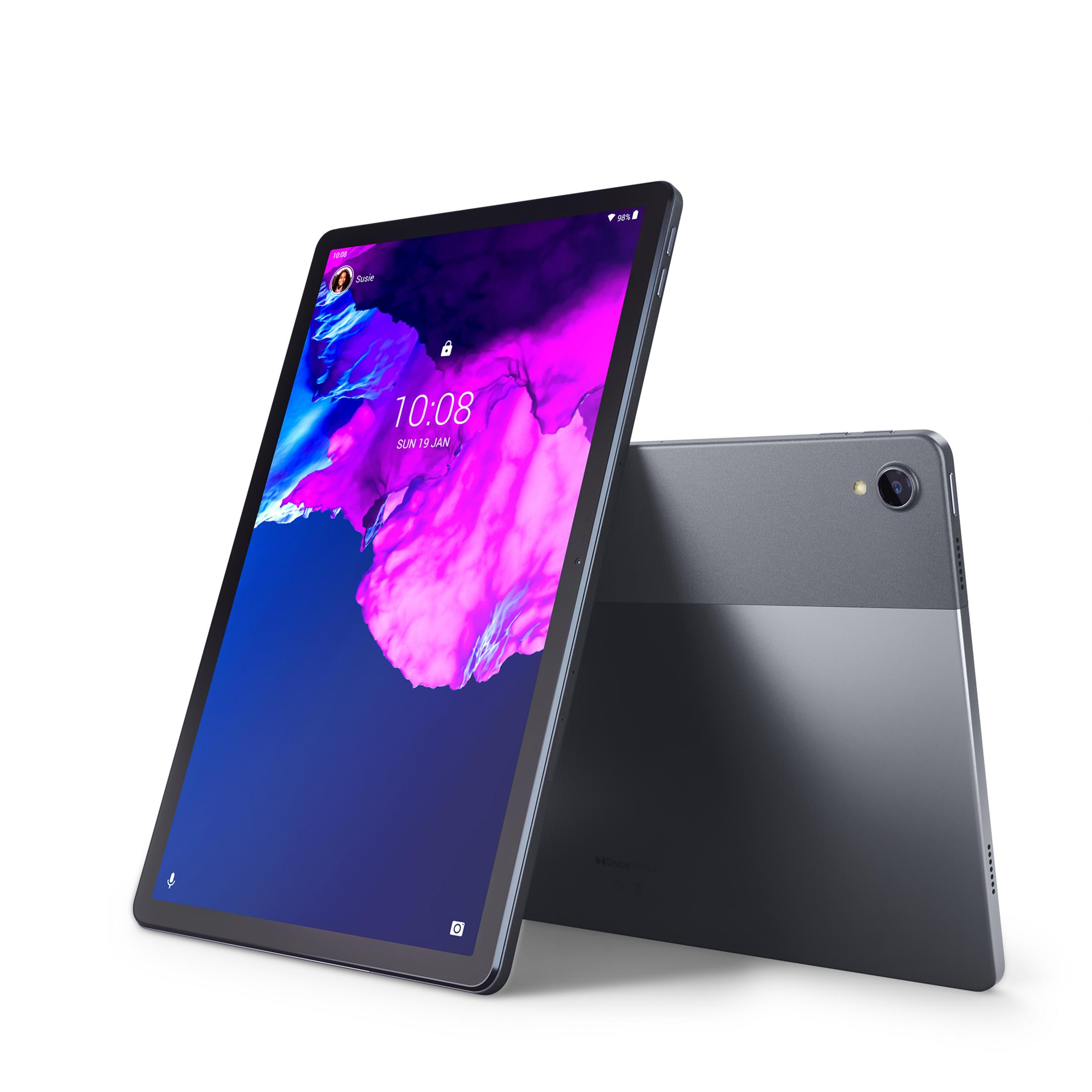 Ein dunkelgraues Tablet wird schräg gezeigt. Der Bildschirm zeigt eine bunte abstrakte Tapete.