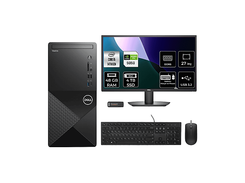 DELL Vostro 3030MT RTX5050 8 GB 27" N6014VDT3030MTP1152 PER4 Bellek Intel Core i5-14600 48 GB RAM 4 TB SSD FreeDOS Masaüstü Bilgisayar