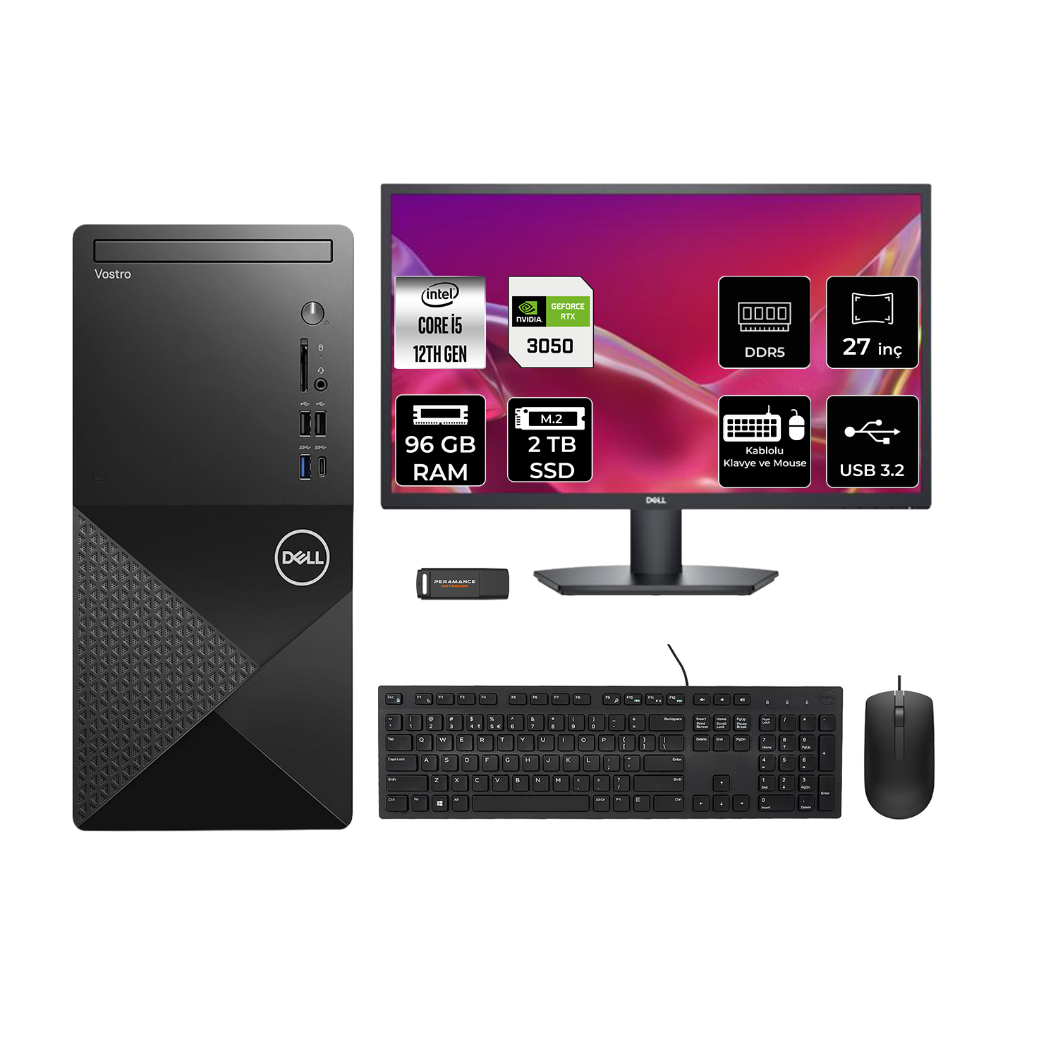 DELL Vostro 3030MT RTX3050 6 GB 27" N6004VDT3030MTP1099 PER4 Bellek Intel Core i5-12400 96 GB RAM 2 TB SSD FreeDOS Masaüstü Bilgisayar