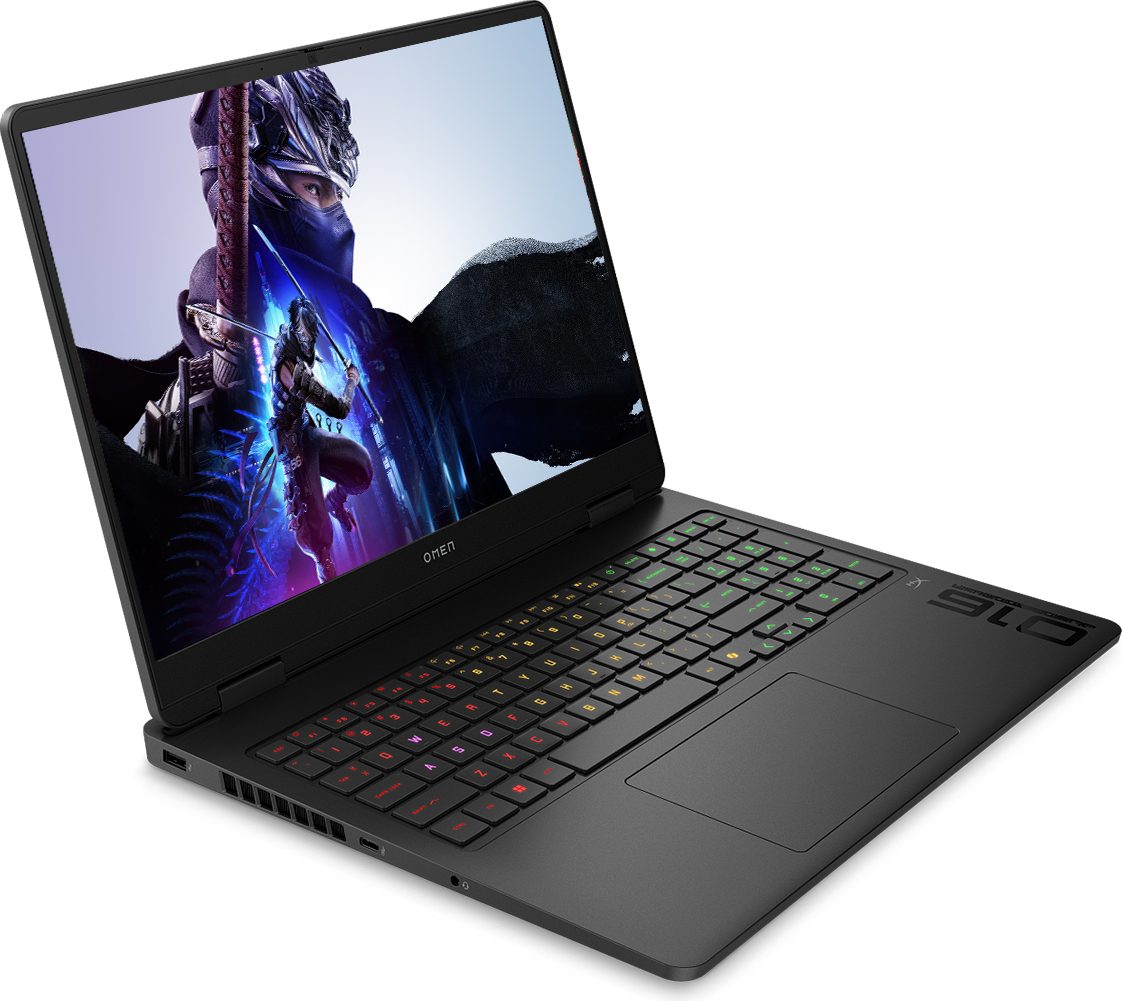 Ekranında canlı oyun görüntüsü olan siyah HP Omen dizüstü bilgisayar. RGB klavye.