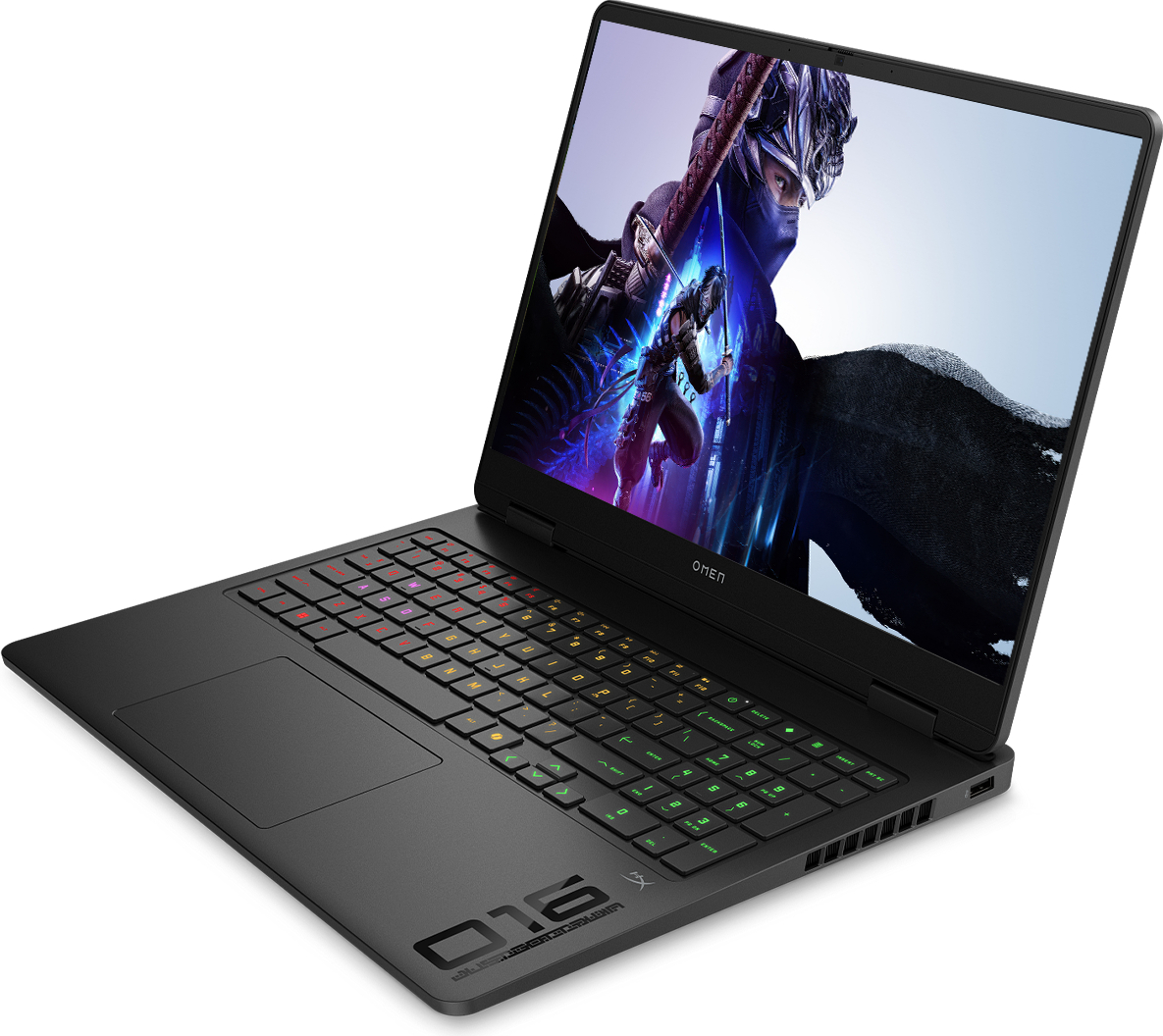 Ekranında renkli oyun ve aydınlatmalı klavyesi bulunan siyah HP Omen dizüstü bilgisayar.