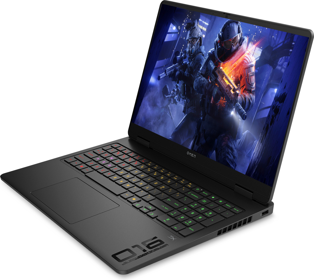 Askerlerin olduğu aksiyon oyununu gösteren, aydınlatmalı klavyeli siyah laptop.