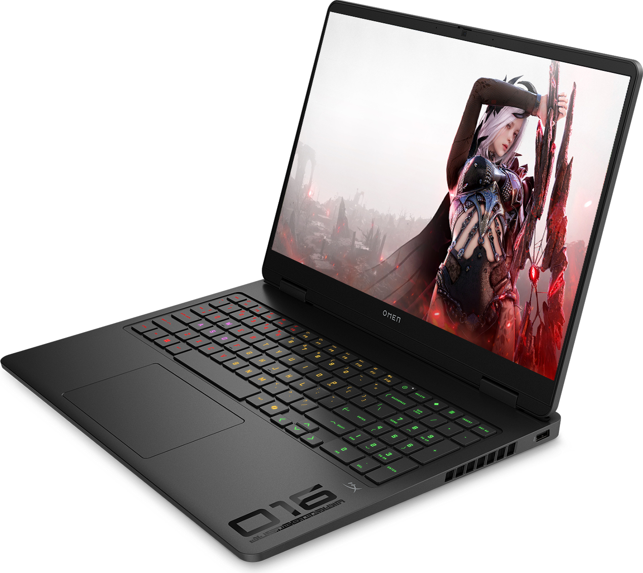 Renkli klavyeli siyah HP Omen oyun dizüstü bilgisayarı ve ekrandaki fantezi karakteri.