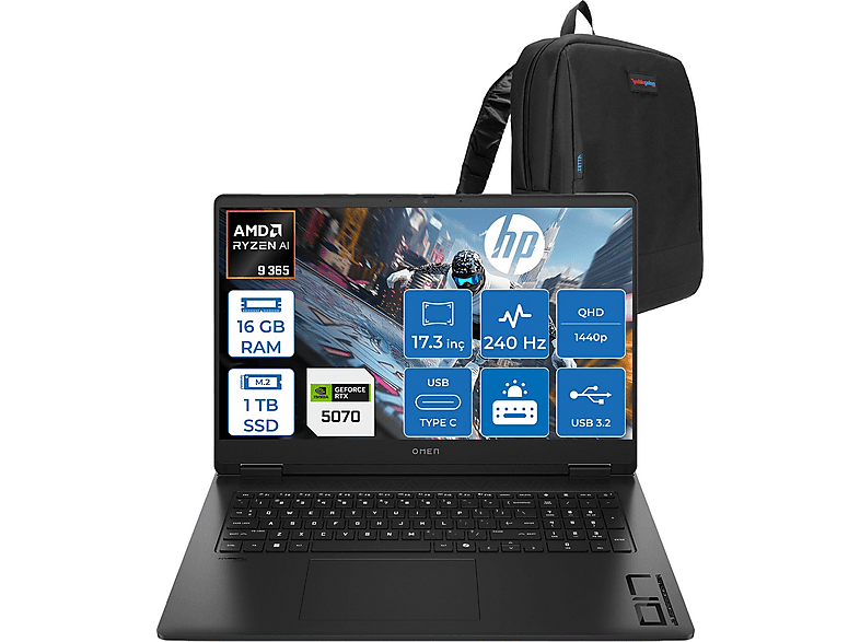 HP Omen RTX5070 QHD Taşınabilir CD5N0EAF33 AMD Ryzen 9 365 16 GB RAM 512 GB SSD 17,3 inç FreeDOS Laptop+Çanta Siyah