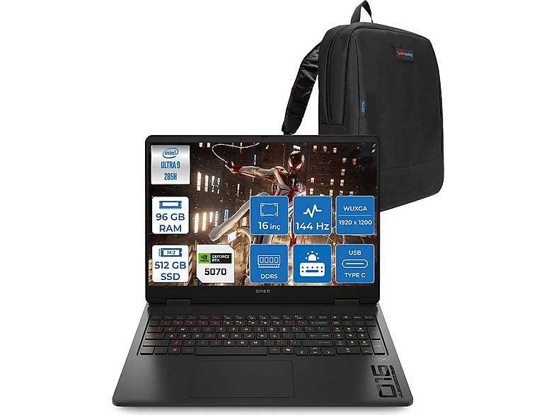 HP Omen Slim 8 GB RTX5070 16AN0017NTF29 Intel Core Ultra 9 285H 96 GB RAM 512 GB SSD 16 inç FreeDOS Laptop+Çanta Siyah