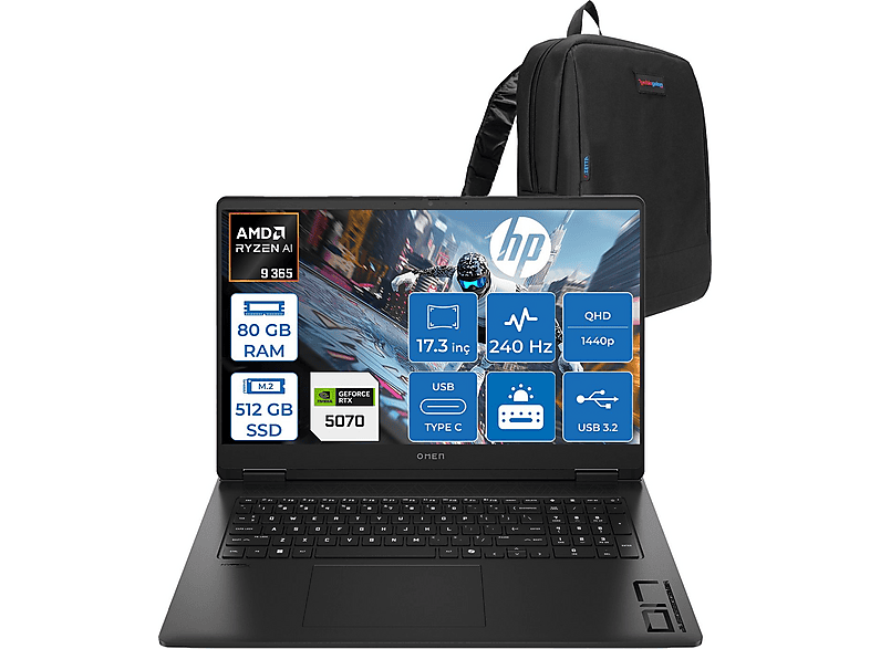HP Omen 8 GB RTX5070 QHD CD5N0EAF25 AMD Ryzen 9 365 80 GB RAM 512 GB SSD 17,3 inç FreeDOS Laptop+Çanta Siyah