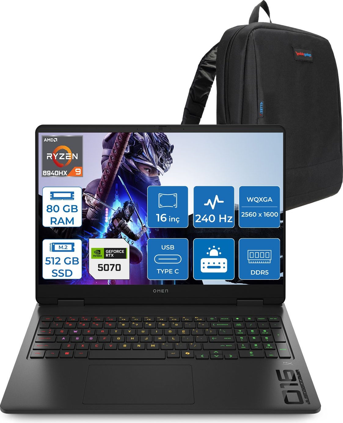 HP Omen 16-AP0014NT RTX5070 8 GB 240HZ 500 Nits C12CJEAF37 AMD Ryzen 9 8940HX 80 GB RAM 512 GB SSD 16 inç FreeDOS Laptop+Çanta Siyah