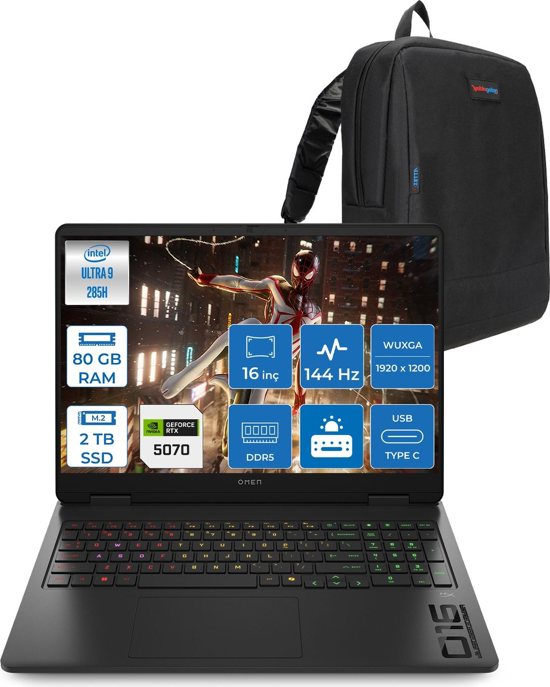 HP Omen Slim 8 GB RTX5070 16AN0017NTF27 Intel Core Ultra 9 285H 80 GB RAM 2 TB SSD 16 inç FreeDOS Laptop+Çanta Siyah