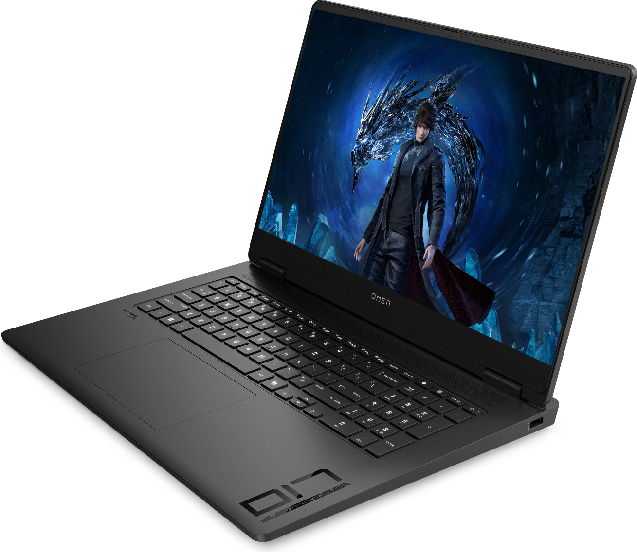 Açık siyah bir HP Omen oyun dizüstü bilgisayarı, ekranında bir fantezi karakteri ve ejderha gösteriyor.