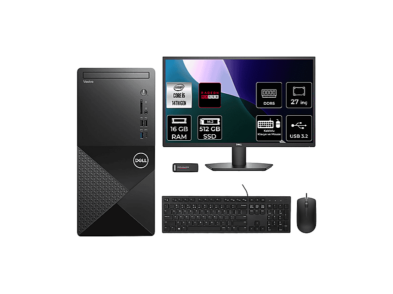 DELL Vostro 3030MT RX550 4 GB 27" N6014VDT3030MTP961 PER4 Bellek Intel Core i5-14600 16 GB RAM 512 GB SSD FreeDOS Masaüstü Bilgisayar