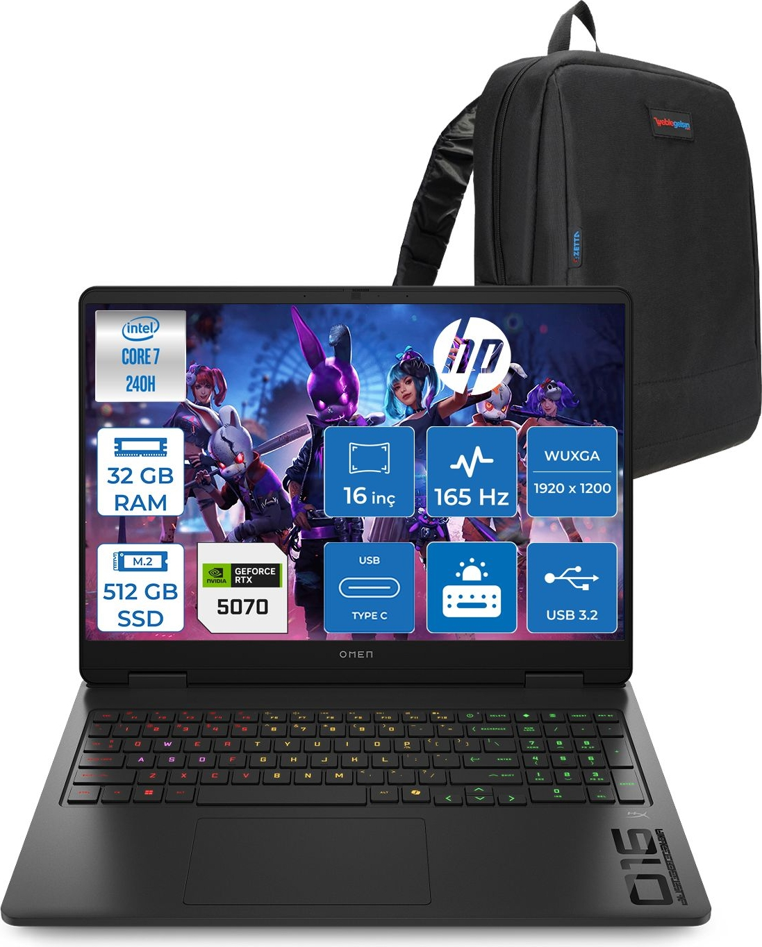 HP Omen 16 8 GB RTX5070 165HZ BHPQ1Y7EAF09 Intel Core i7-240H 32 GB RAM 512 GB SSD 16 inç FreeDOS Laptop+Çanta Siyah