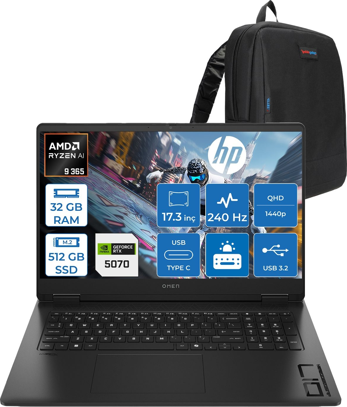 HP Omen 8 GB RTX5070 QHD CD5N0EAF09 AMD Ryzen 9 365 32 GB RAM 512 GB SSD 17,3 inç FreeDOS Laptop+Çanta Siyah