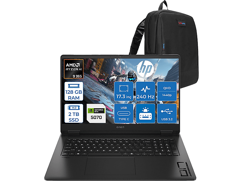 HP Omen 8 GB RTX5070 QHD CD5N0EAF43 AMD Ryzen 9 365 128 GB RAM 2 TB SSD 17,3 inç FreeDOS Laptop+Çanta Siyah