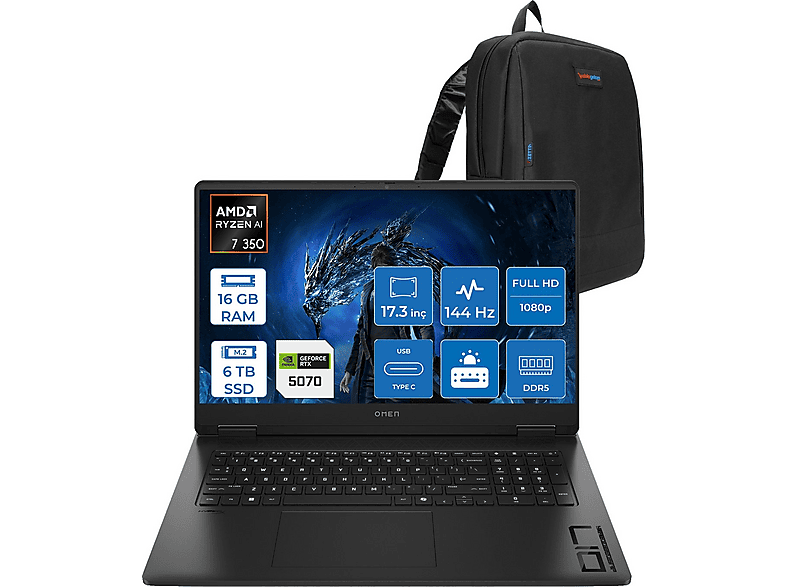 HP Omen 17-DB1005NT AI DDR5 RTX5070 8 GB 144HZ C67G2EAF05 AMD Ryzen 7 350 16 GB RAM 6 TB SSD 17,3 inç FreeDOS Laptop+Çanta Siyah