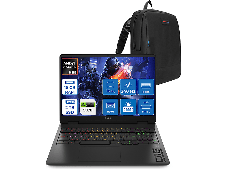 HP Omen 16-AP0012NT RTX5070 8 GB C12CGEAF03 AMD Ryzen 9 365 16 GB RAM 2 TB SSD 16 inç FreeDOS Laptop+Çanta Siyah