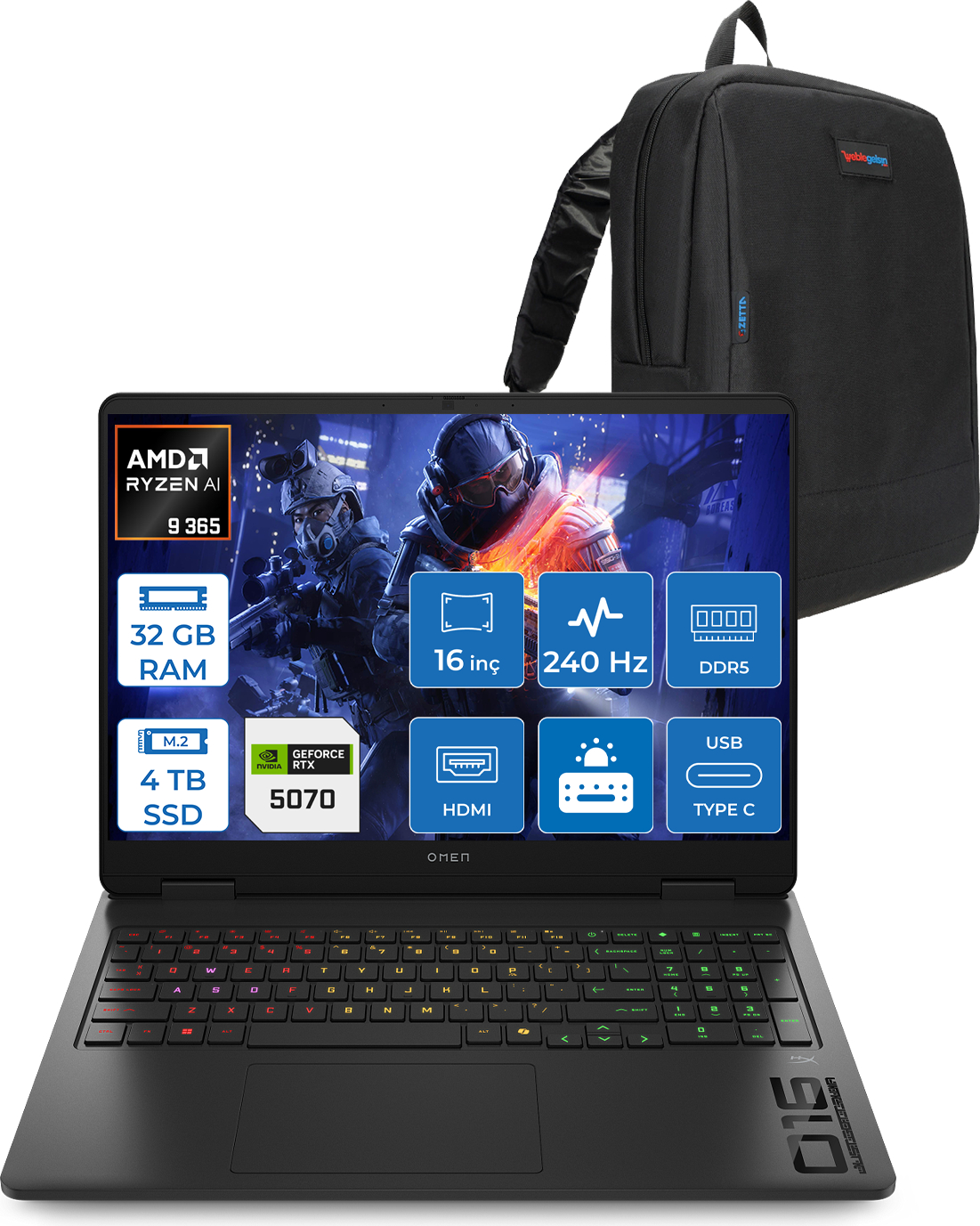 HP Omen 16-AP0012NT RTX5070 8 GB C12CGEAF16 AMD Ryzen 9 365 32 GB RAM 4 TB SSD 16 inç FreeDOS Laptop+Çanta Siyah