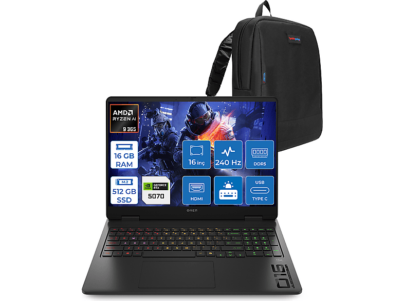 HP Omen 16-AP0012NT RTX5070 8 GB C12CGEAF01 AMD Ryzen 9 365 16 GB RAM 512 GB SSD 16 inç FreeDOS Laptop+Çanta Siyah