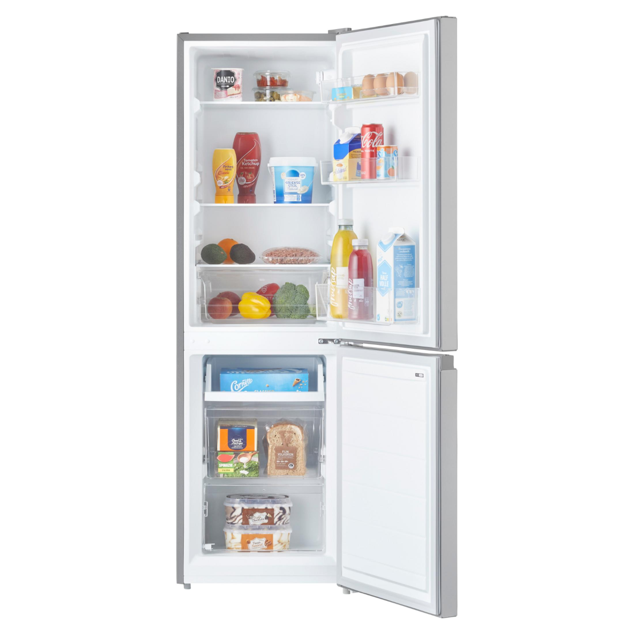 An open refrigerator filled with food, including fruits, vegetables, milk, eggs, and ice cream.