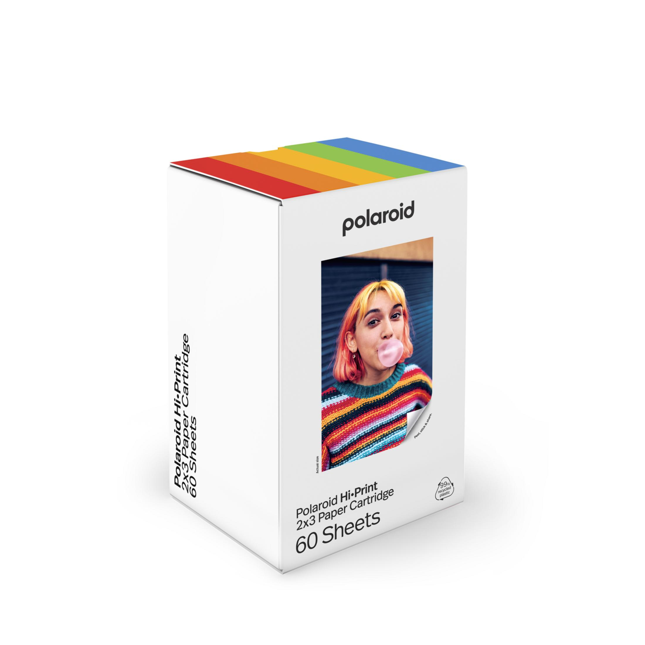 Opakowanie Polaroid Hi-Print 60 kartek z tęczowym wzorem na górze.
