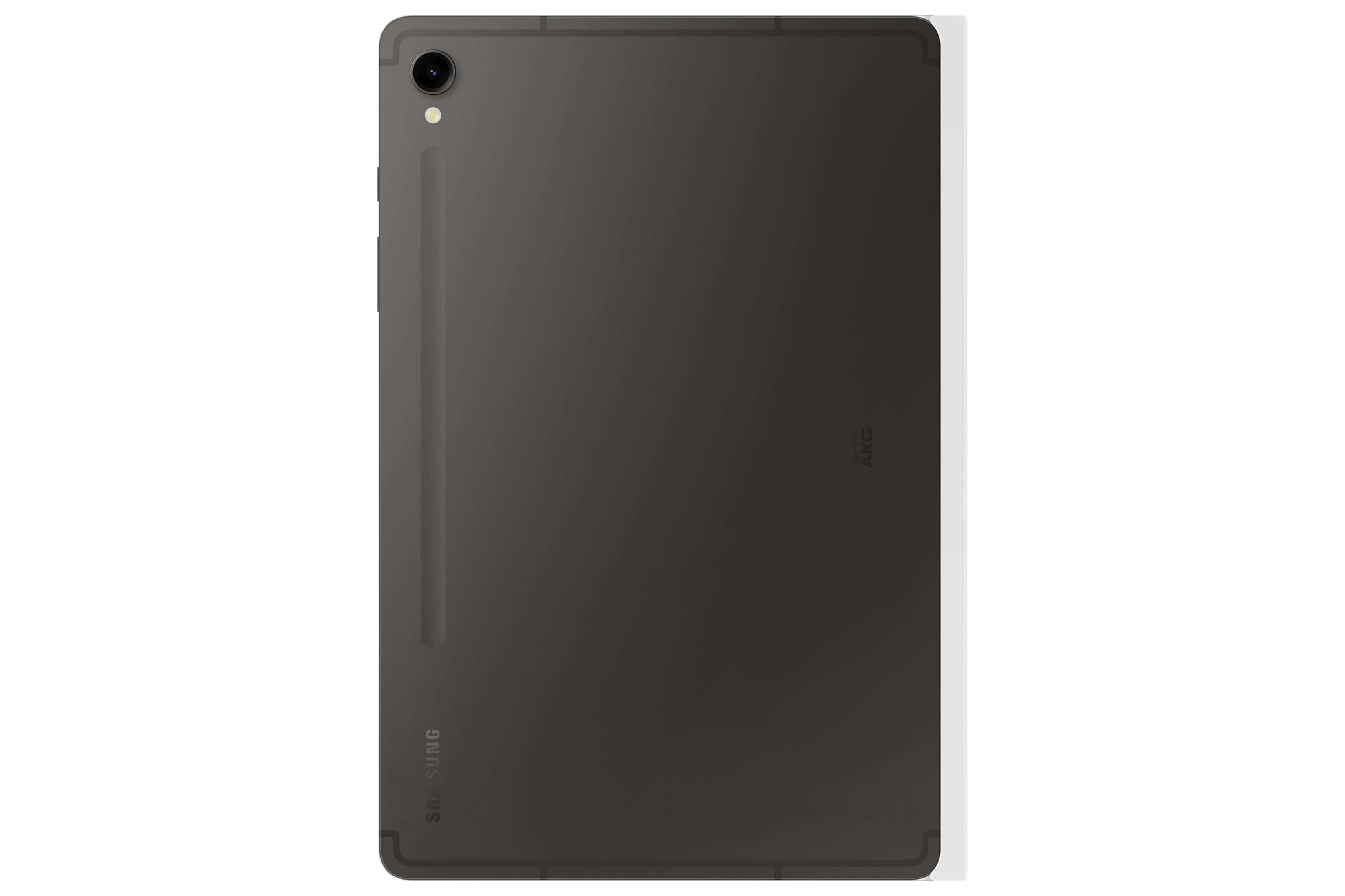 Tableta Samsung gris oscuro con cámara y logo AKG en la parte trasera.