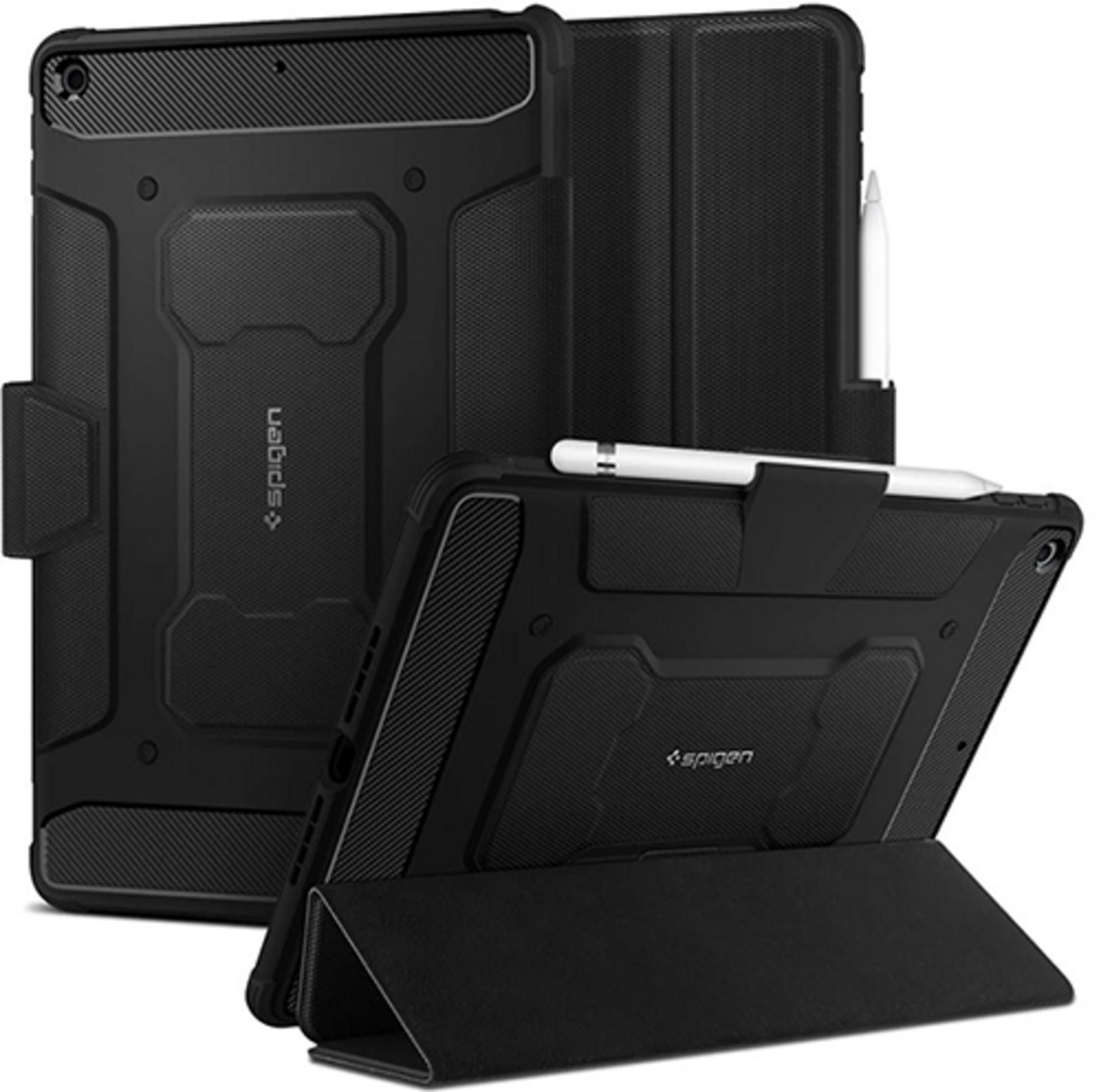 Schwarze robuste Tablet-Hülle mit Ständer und Stifthalter. Ein Tablet steht aufrecht, eins ist geöffnet.