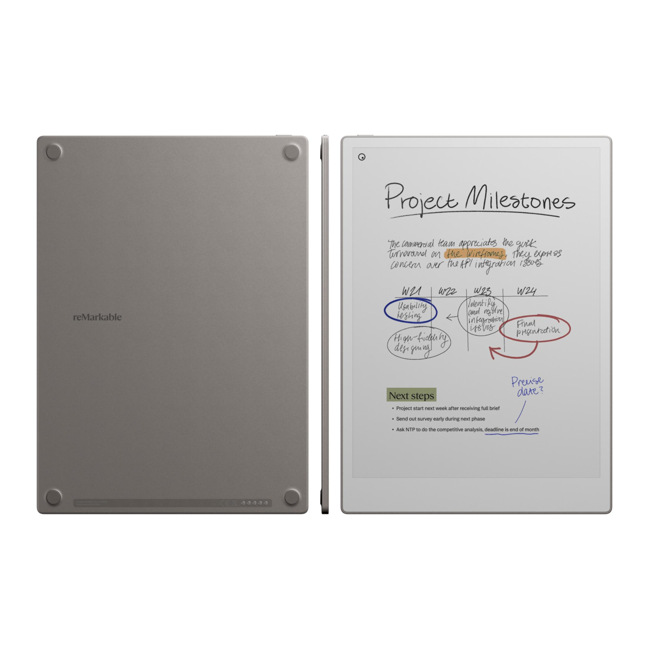 İki reMarkable tablet, biri önden görünüm, diğeri arkadan görünüm ve notlar.