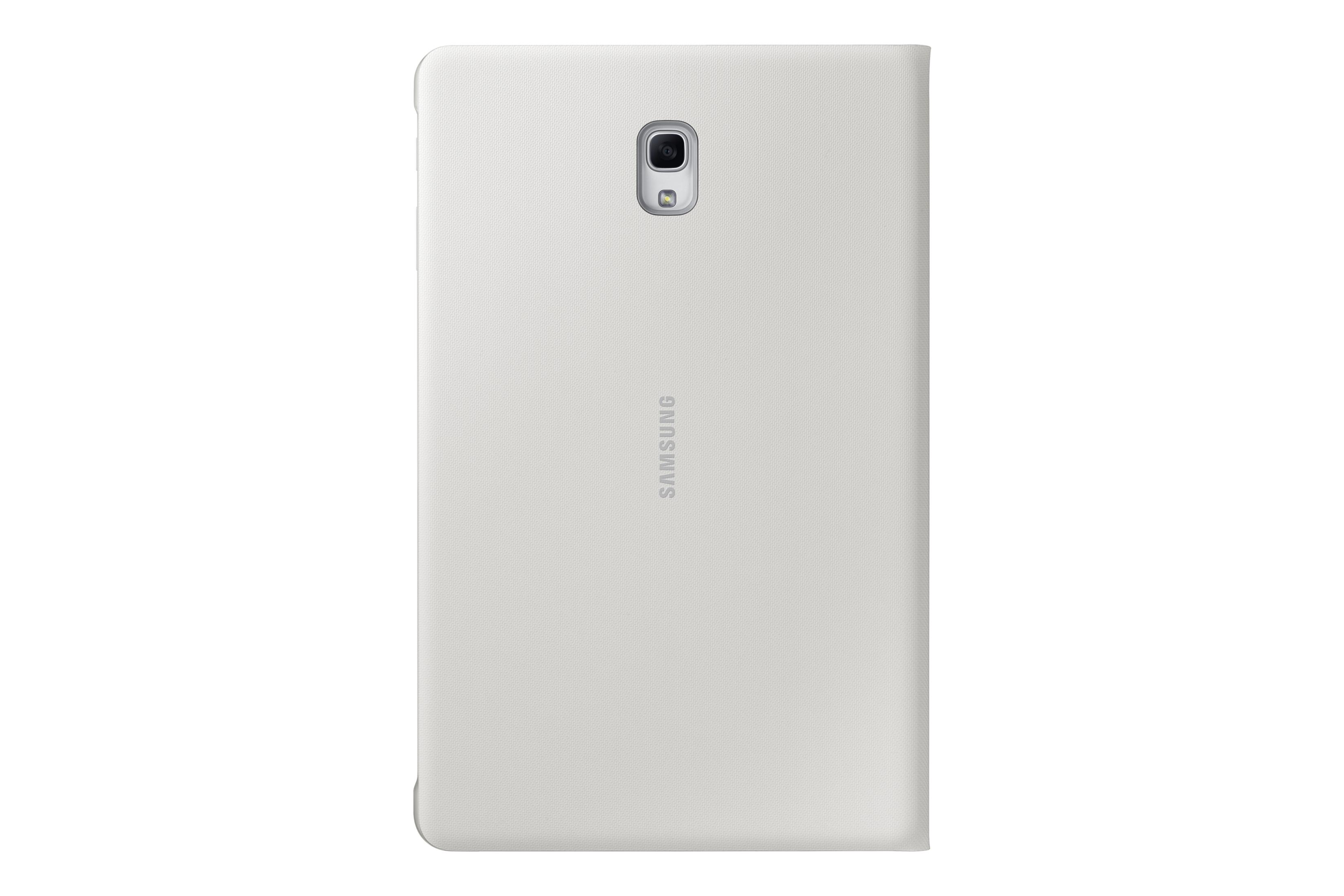 Parte trasera blanca de una tablet Samsung con lente de cámara y flash.