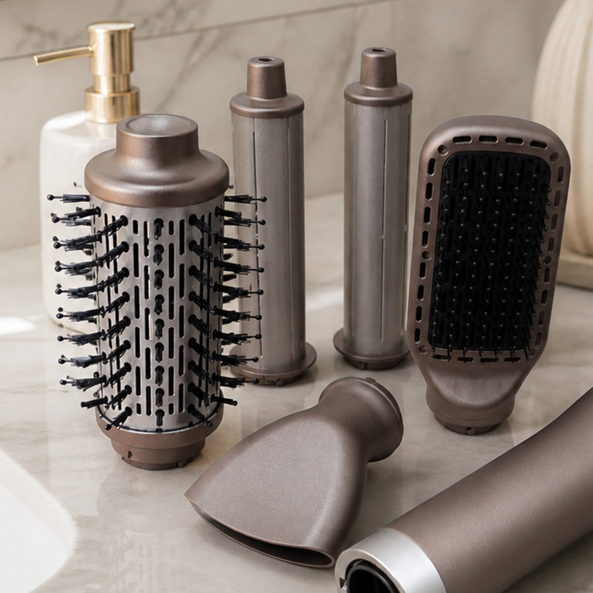 Accesorios para secador de pelo: cepillo redondo, cepillo plano, boquilla, cilindros.