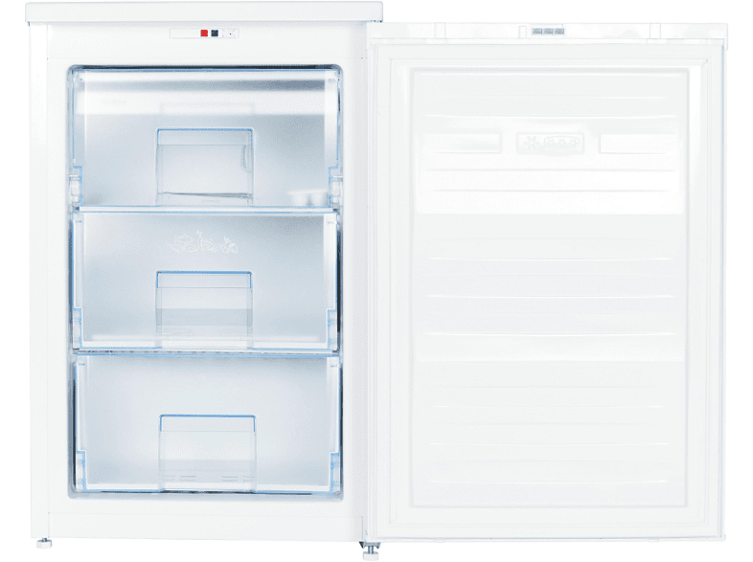 Un congelatore verticale bianco con la porta aperta, che mostra tre cassetti trasparenti.