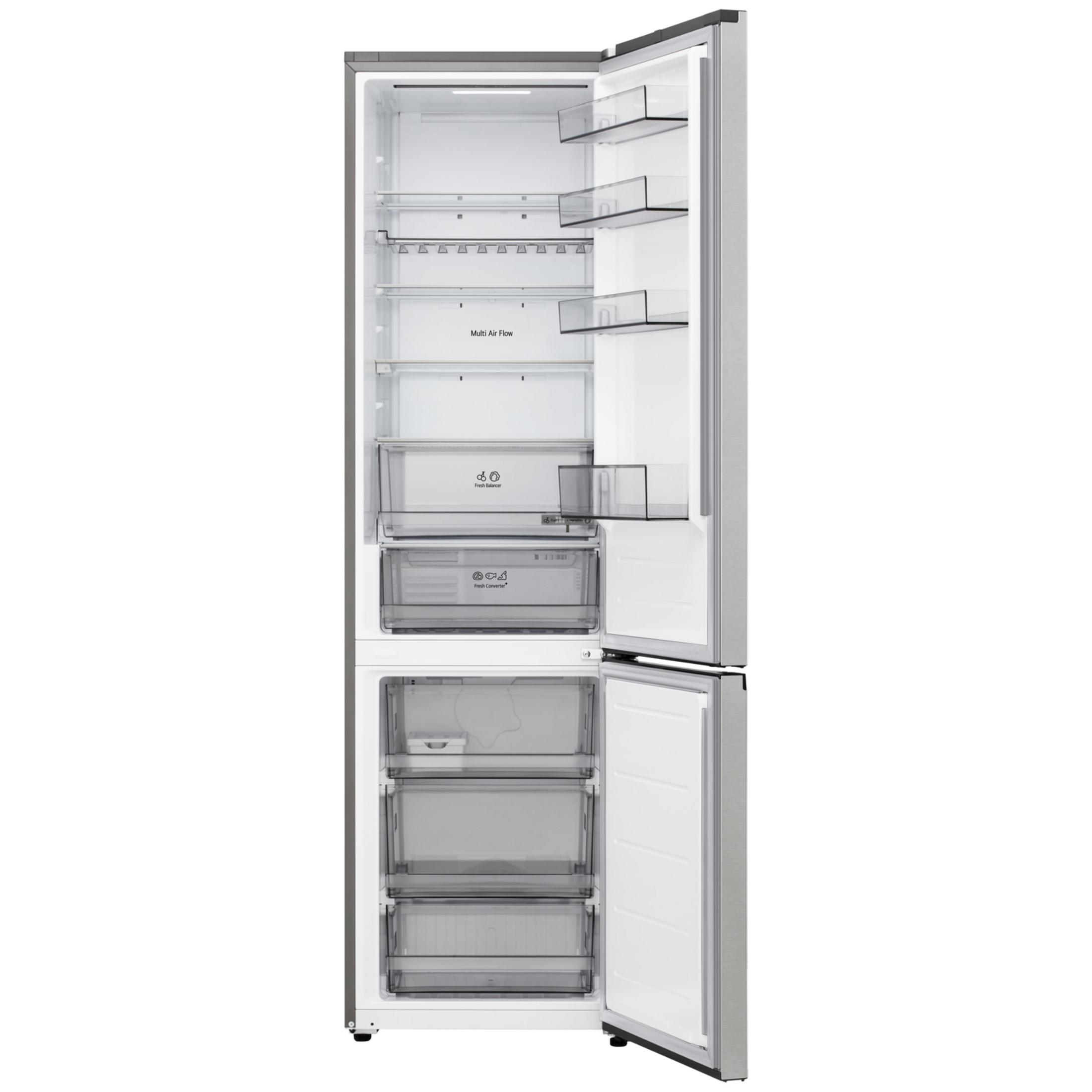 Un refrigerador plateado abierto con varios estantes y cajones adentro.