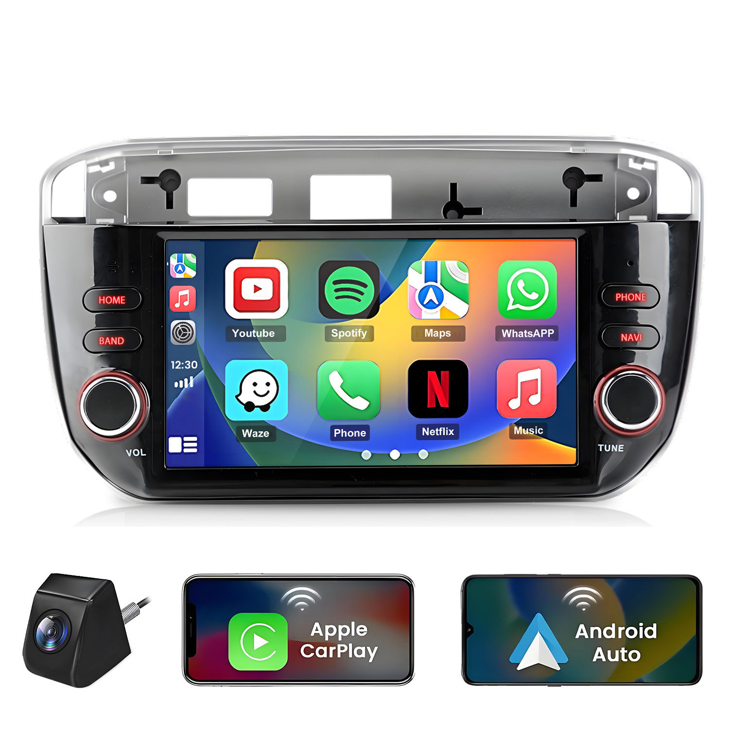 Autoradio touchscreen mostra app come YouTube e Spotify.