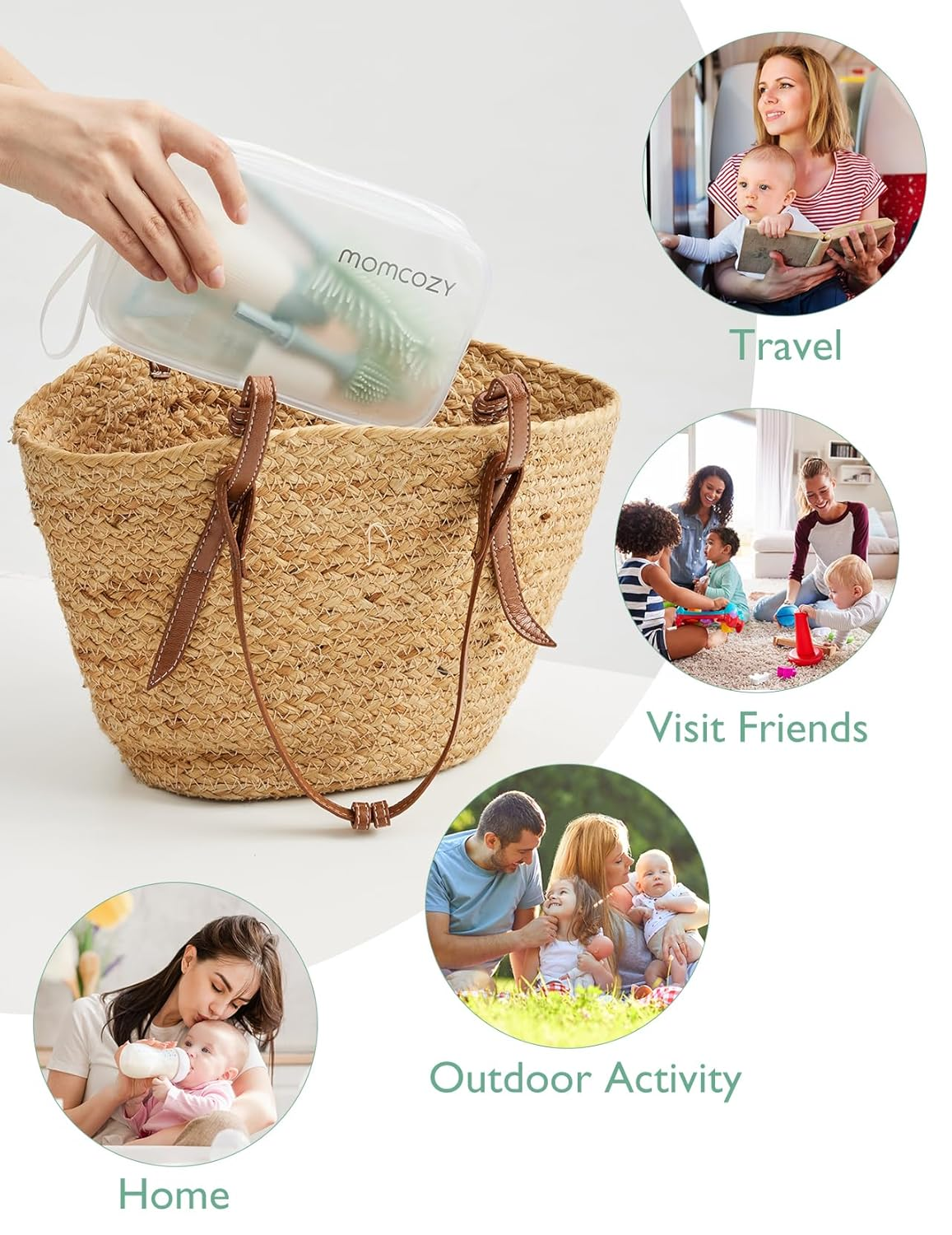 Bolso tejido con bolsa momcozy e imágenes circulares de actividades familiares.