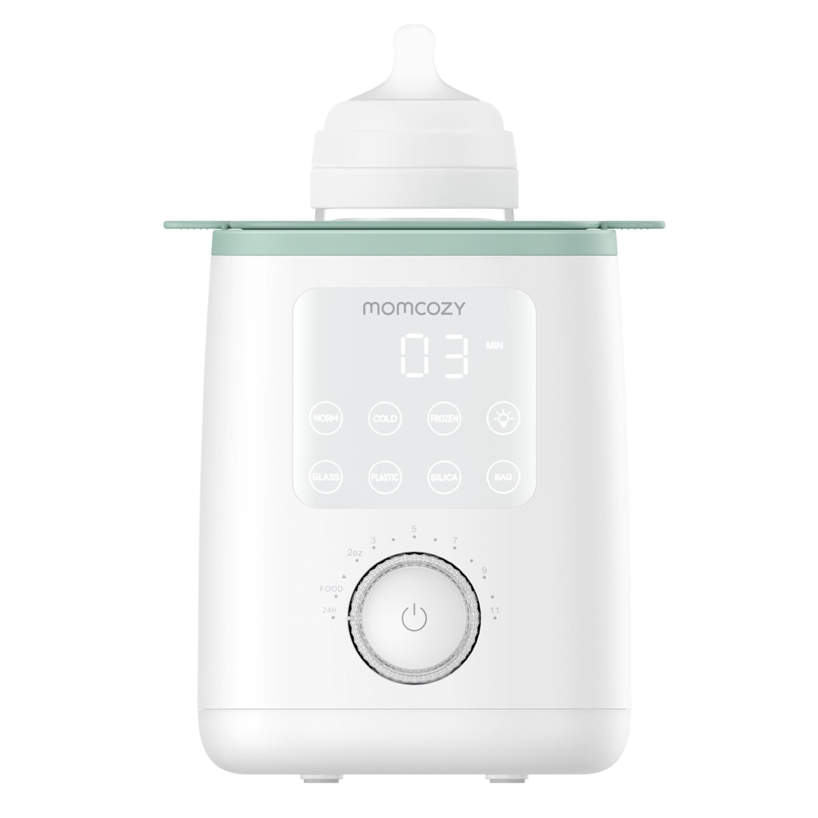 Ein weißer Momcozy Flaschenwärmer mit Babyflasche oben. Digitalanzeige zeigt 03 MIN.