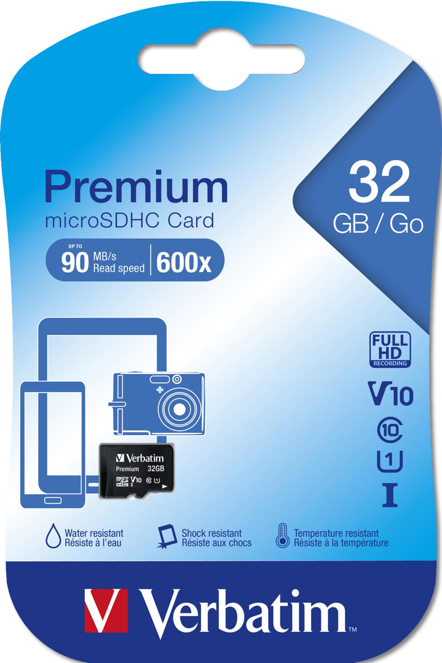 Opakowanie karty microSDHC Verbatim 32 GB pokazujące prędkość, nagrywanie HD i cechy odpornościowe.