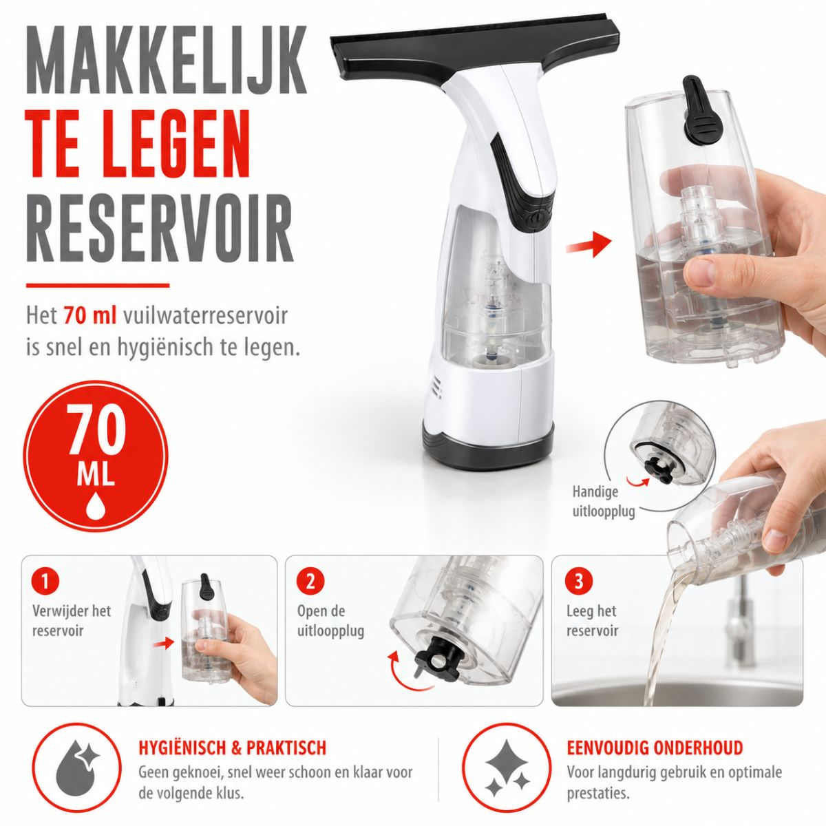 Een raamreiniger met een afneembaar reservoir van 70 ml voor eenvoudig legen.