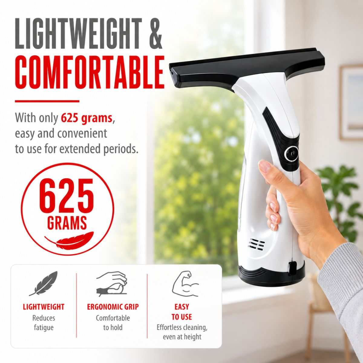 Lichte raamreiniger met ergonomische grip, 625g, makkelijk te gebruiken.